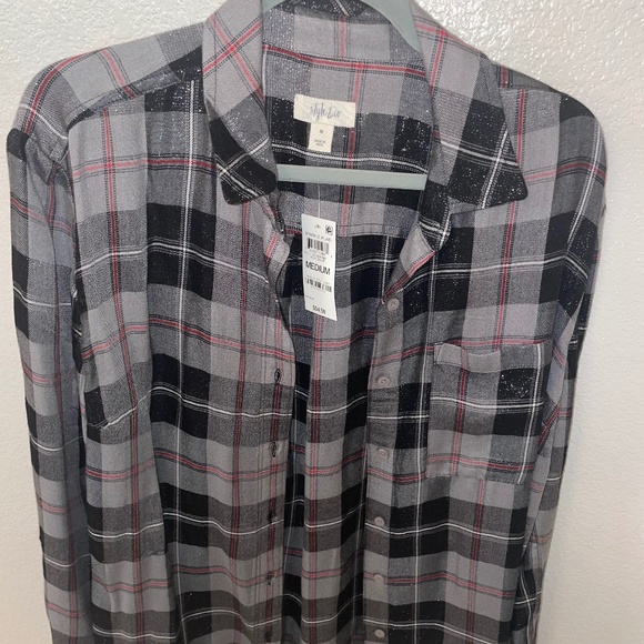 STYLE & CO Sparkle Black Gray Red Plaid Boyfriend Button Down Shirt Size M - Picture 1 of 8